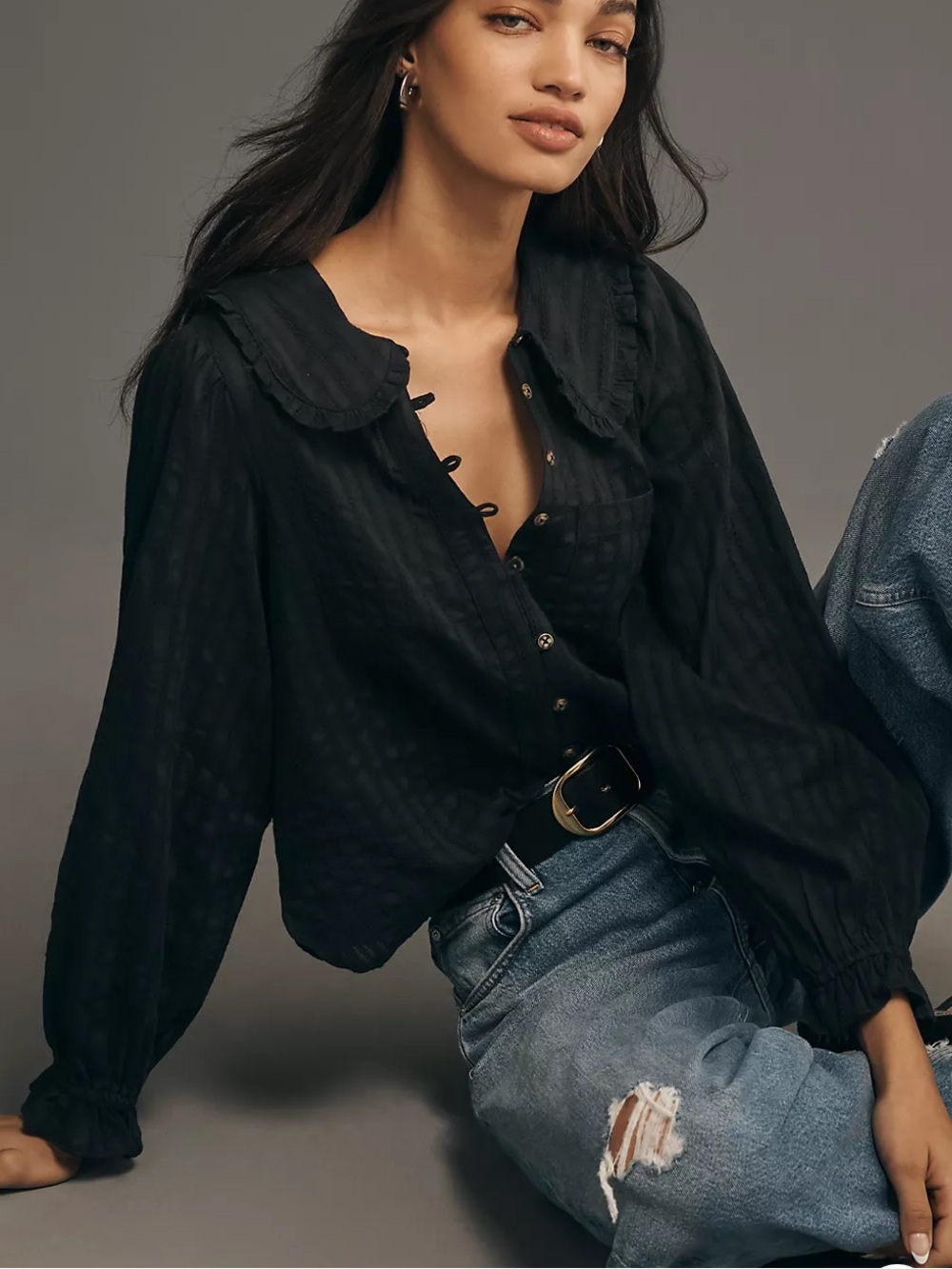 Pilcro Keira Long-Sleeve Blouse black size X-large peasant top